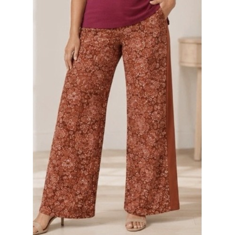 Issac Mizrahi NWOT Terracotta Floral Paisley Wide Leg Knit Pants Pockets Womens